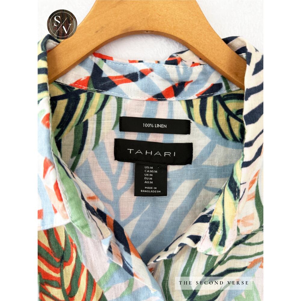 Tahari 100% Linen Tropical Print Button Down Short Sleeve Shirt Size Medium - Picture 9 of 10